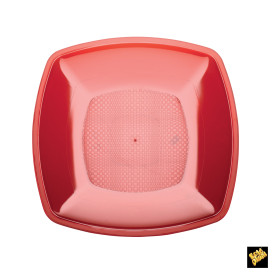 Talerz Plastikowe Płaski Czerwerne Przezroczyste Square PS 230mm (300 Sztuk)