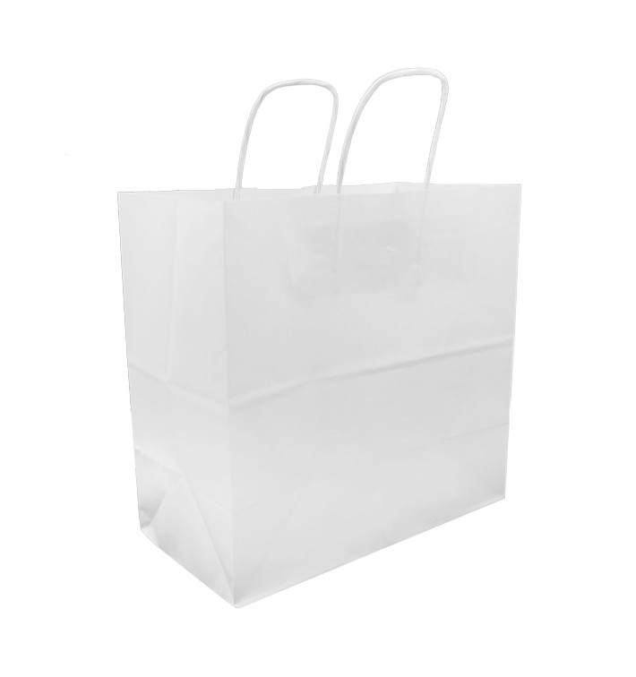 Torby Papierowe Kraft Białe z Uchwytami 100g 27+14x26cm (200 Sztuk) Torby Papierowe Kraft Białe z Uchwytami 100g 27+14x26cm (200 Sztuk)