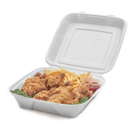 Sugarcane Hinged Container "Menu Box" White 20x20x7,5cm (200 Sztuk)