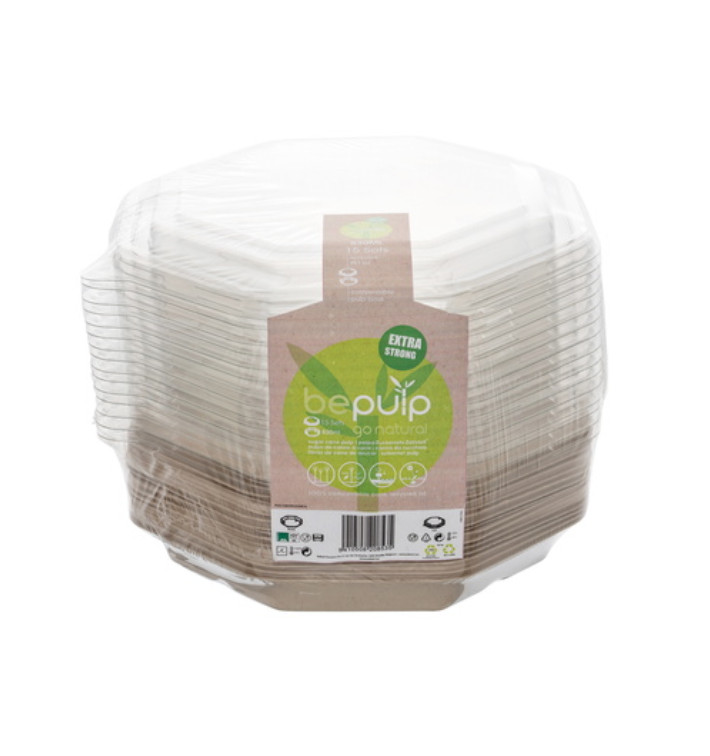 Ośmiokątny Pojemniki Trzcina cukrowa z Pokrywką 830 ml 23x23cm (90 Sztuk) Ośmiokątny Pojemniki Trzcina cukrowa z Pokrywką 830 ml 23x23cm (90 Sztuk)