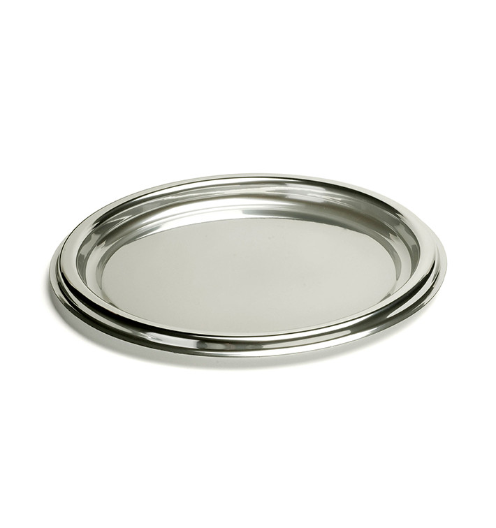 Tacki Plastikowe Okrągłe Srebro 40 cm (50 Sztuk) Tacki Plastikowe Okrągłe Srebro 40 cm (50 Sztuk)