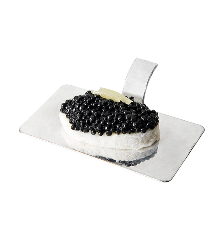 Plastic Tasting Plate PS with Handle Rectangular Shape Silver 10x5,5cm (1296 Units) Plastic Tasting Plate PS with Handle Rectangular Shape Silver 10x5,5cm (1296 Units)