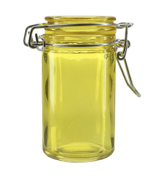 Glass Jar Snackholder Airtight Yellow 70ml Ø4,5x8cm (32 Units) Glass Jar Snackholder Airtight Yellow 70ml Ø4,5x8cm (32 Units)