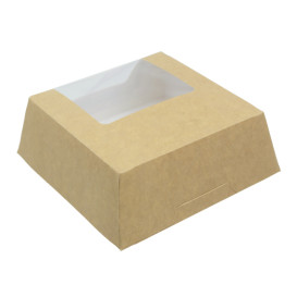 Pudełka na Wynos Kartonowe Kraft z Okienkiem 140x140x50mm (25 Sztuk)