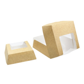 Pudełka na Wynos Kartonowe Kraft z Okienkiem 140x140x50mm (25 Sztuk)