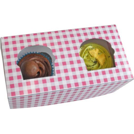 Pudełka na 2 Babeczki z Stojakiem 19,5x10x7,5cm Różowe (20 Sztuk)