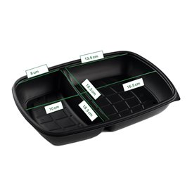 Pojemnik Plastikowy Wielokrotnego Użytku Czarny 2 przegrodami  1300ml 28x20x4cm (150 Sztuk)