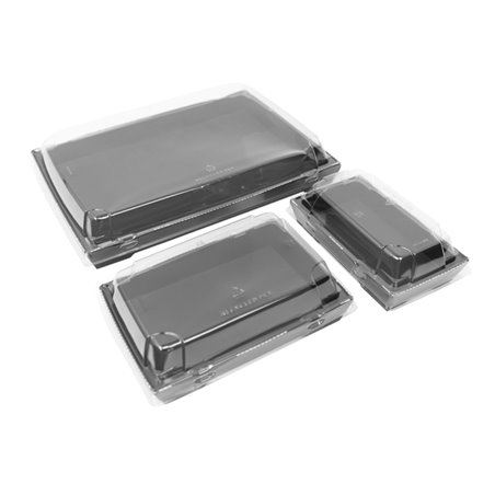 Czarne kartonowe opakowanie na sushi otwarte, pokazujące wnętrze