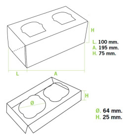 Pudełka na 2 Babeczki z Stojakiem 19,5x10x7,5cm Różowe (160 Sztuk)