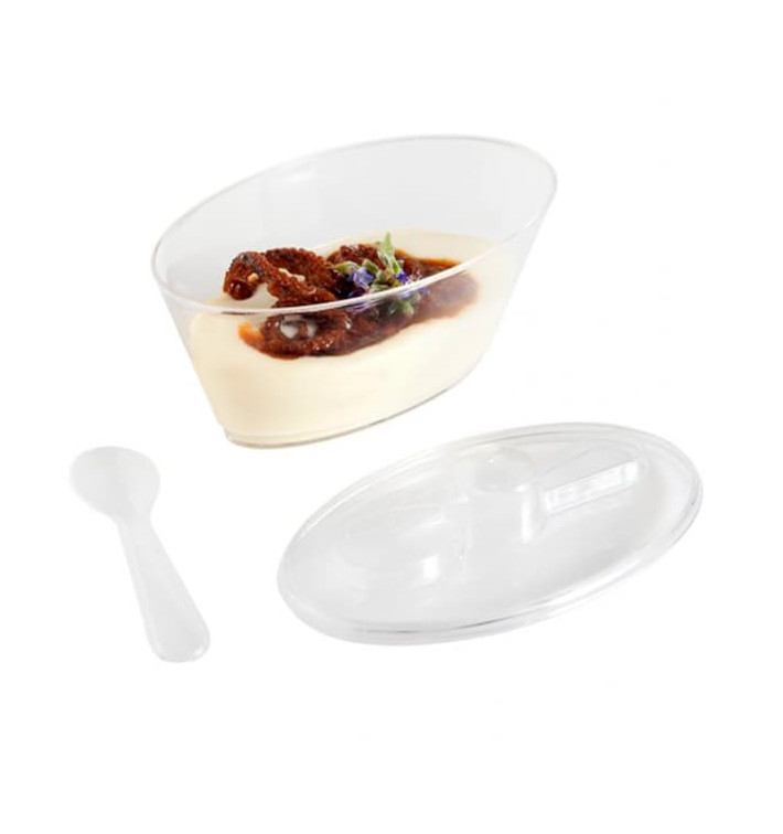 Plastic Bowl with Lid and Spoon PS Oval Shape 10,1x6,1x6cm Plastic Bowl with Lid and Spoon PS Oval Shape 10,1x6,1x6cm